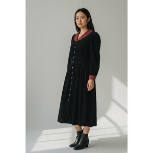 Vintage Petite Lanz Red Plaid Lined Black Cordury Full Button Cotton Dress 10